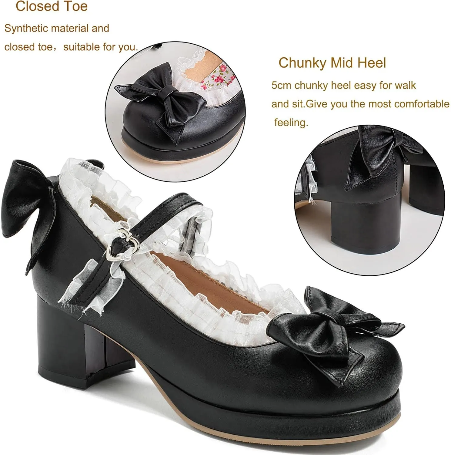 KysBloes Women Kawaii Shoes Sweet Mary Janes Platform Lace Cute Pumps Mid Block Heel Buckle Pumps with Bow