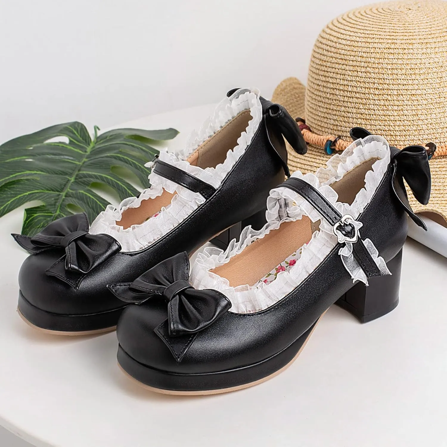KysBloes Women Kawaii Shoes Sweet Mary Janes Platform Lace Cute Pumps Mid Block Heel Buckle Pumps with Bow