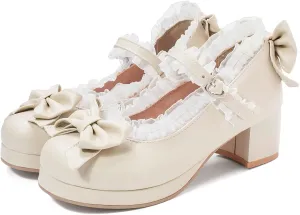 KysBloes Women Kawaii Shoes Sweet Mary Janes Platform Lace Cute Pumps Mid Block Heel Buckle Pumps with Bow