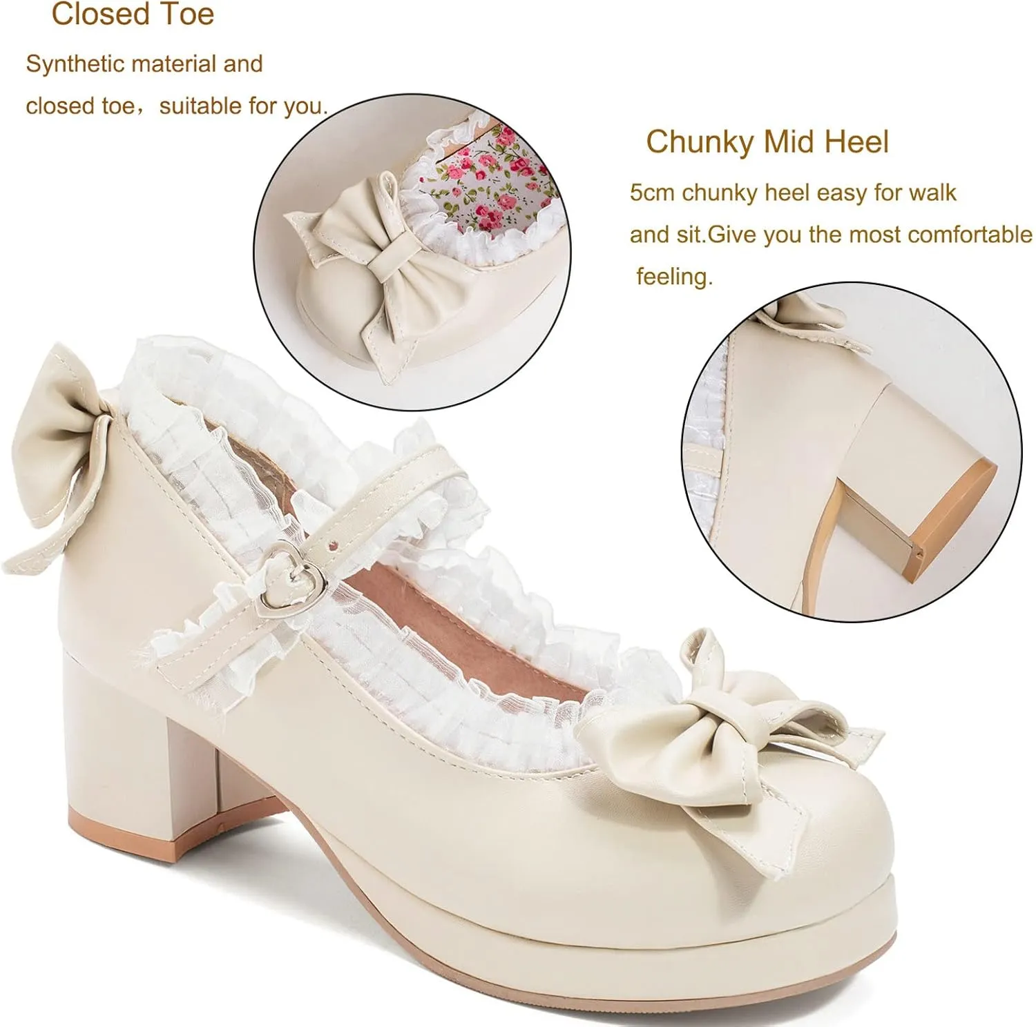 KysBloes Women Kawaii Shoes Sweet Mary Janes Platform Lace Cute Pumps Mid Block Heel Buckle Pumps with Bow