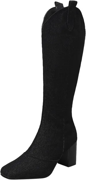 Ladies Cowboy Fashion Vintage Boots Pointed Toe Low Heel Side Zipper Knee Boots Knee High Boots 12w Women Wide Calf (Black, 6.5)