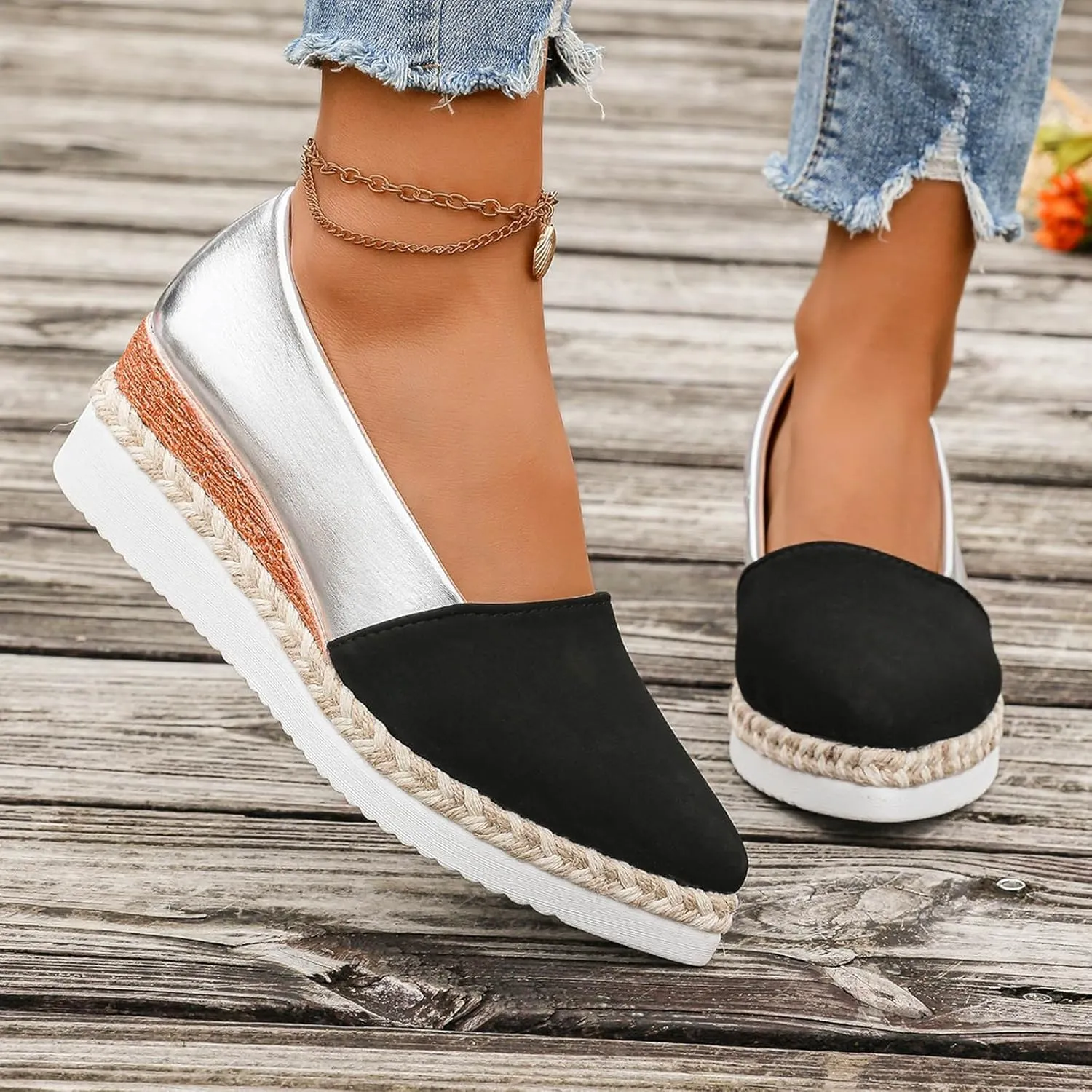 Ladies Weave Pointed Toe Slip On Summer Slope Heel Thick Soled Wedges Casual Womens Casual Dress Shoes Width Low Heel