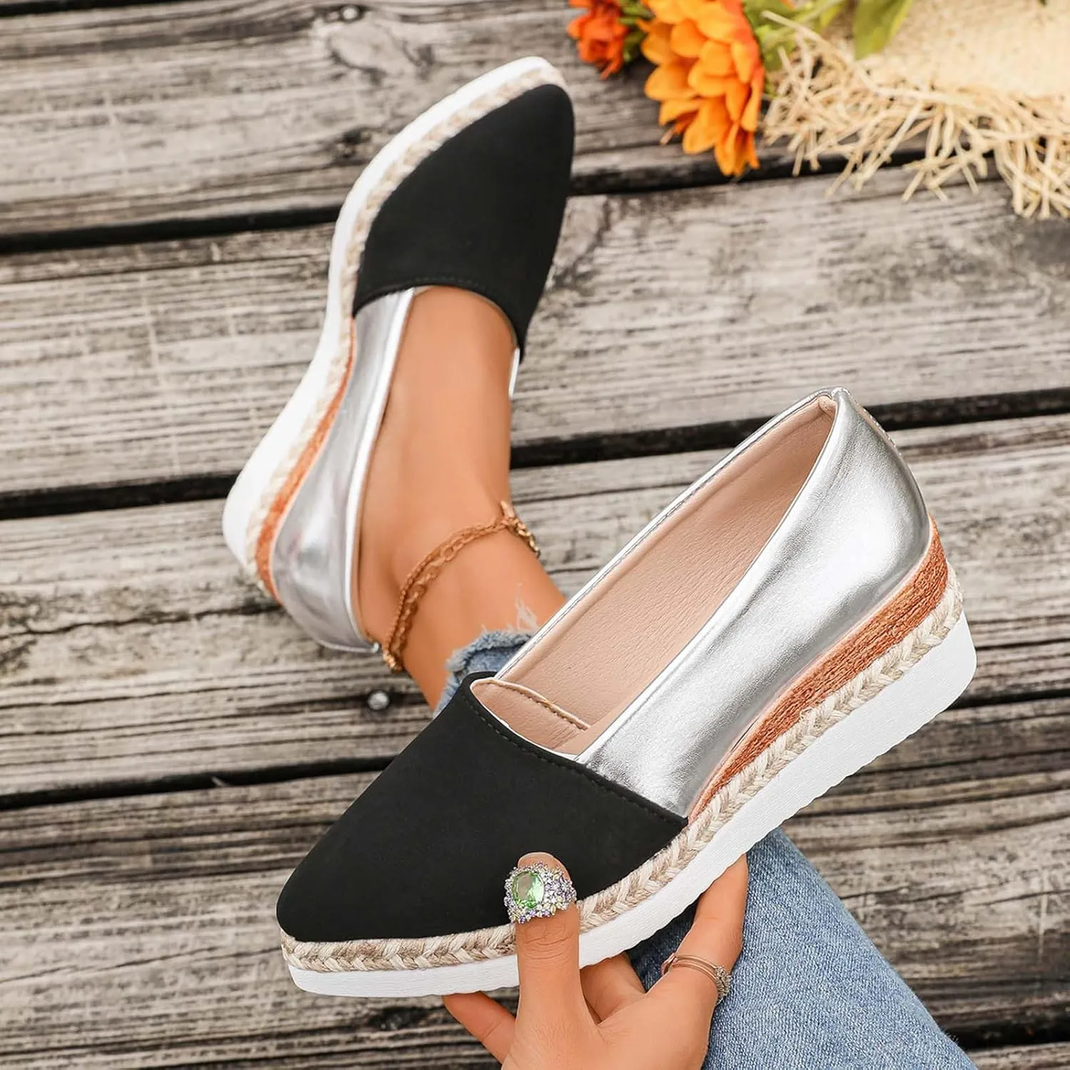 Ladies Weave Pointed Toe Slip On Summer Slope Heel Thick Soled Wedges Casual Womens Casual Dress Shoes Width Low Heel