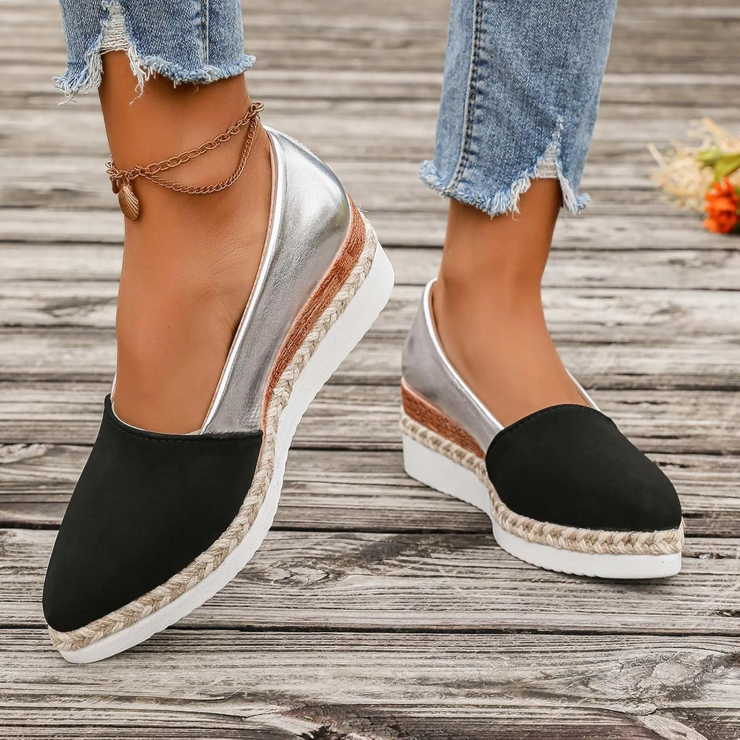 Ladies Weave Pointed Toe Slip On Summer Slope Heel Thick Soled Wedges Casual Womens Casual Dress Shoes Width Low Heel