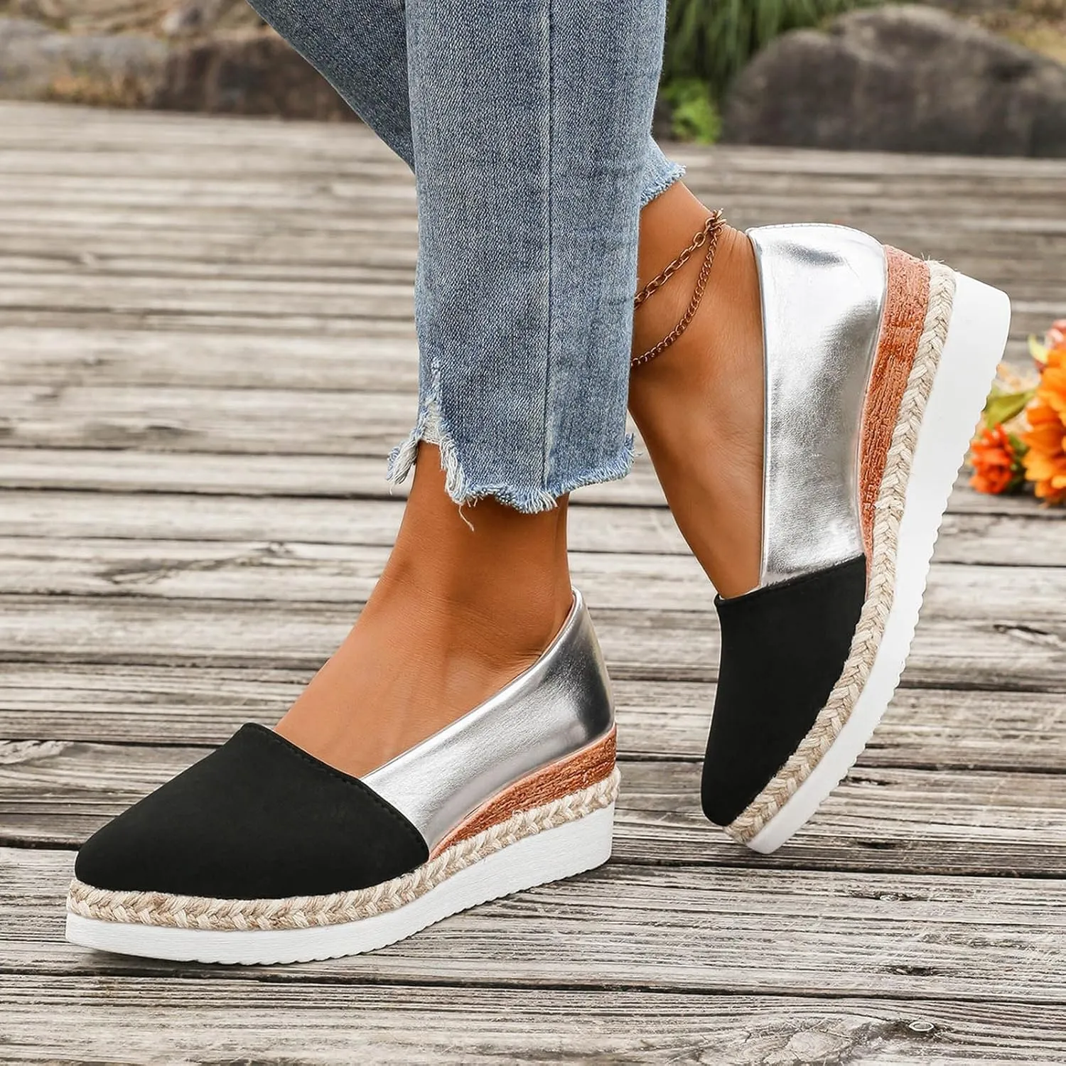 Ladies Weave Pointed Toe Slip On Summer Slope Heel Thick Soled Wedges Casual Womens Casual Dress Shoes Width Low Heel
