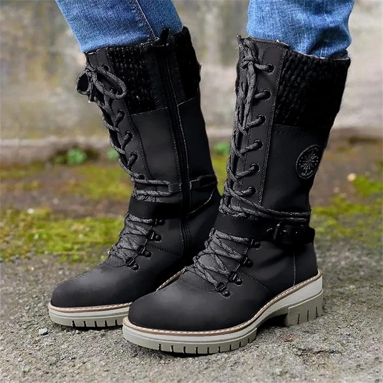 Ladmiple Ankle Boots Women Comfort Mid Calf Combat Riding Fashion Winter Booties Side Zipper Low Heel Motorcycle Military Biker Boots