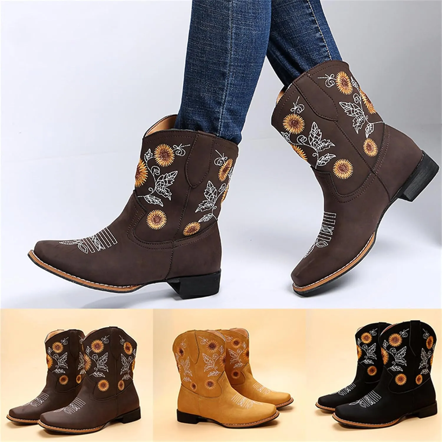 Ladmiple Boots For Women Fashion Mid Calf Cowboy Cowgirl Booties Wide Calf Chunky Block Heel Embroidered Western Boots