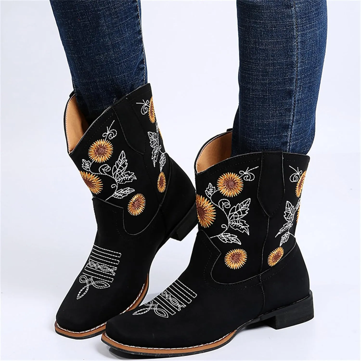 Ladmiple Boots For Women Fashion Mid Calf Cowboy Cowgirl Booties Wide Calf Chunky Block Heel Embroidered Western Boots
