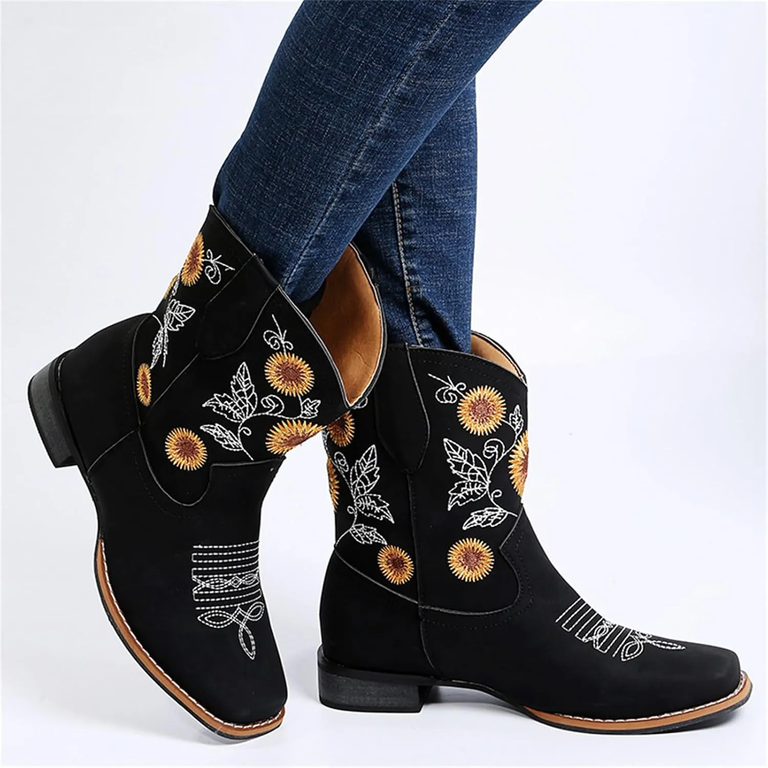 Ladmiple Boots For Women Fashion Mid Calf Cowboy Cowgirl Booties Wide Calf Chunky Block Heel Embroidered Western Boots