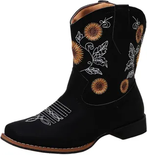 Ladmiple Boots For Women Fashion Mid Calf Cowboy Cowgirl Booties Wide Calf Chunky Block Heel Embroidered Western Boots