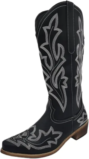 Ladmiple Cowboy Boots For Women Wide Calf Low Heel Pointed Toe Chunky Heel Cowgirl Embroidered Western Boots Pull On