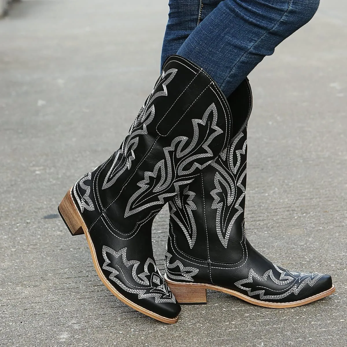 Ladmiple Cowboy Boots For Women Wide Calf Low Heel Pointed Toe Chunky Heel Cowgirl Embroidered Western Boots Pull On