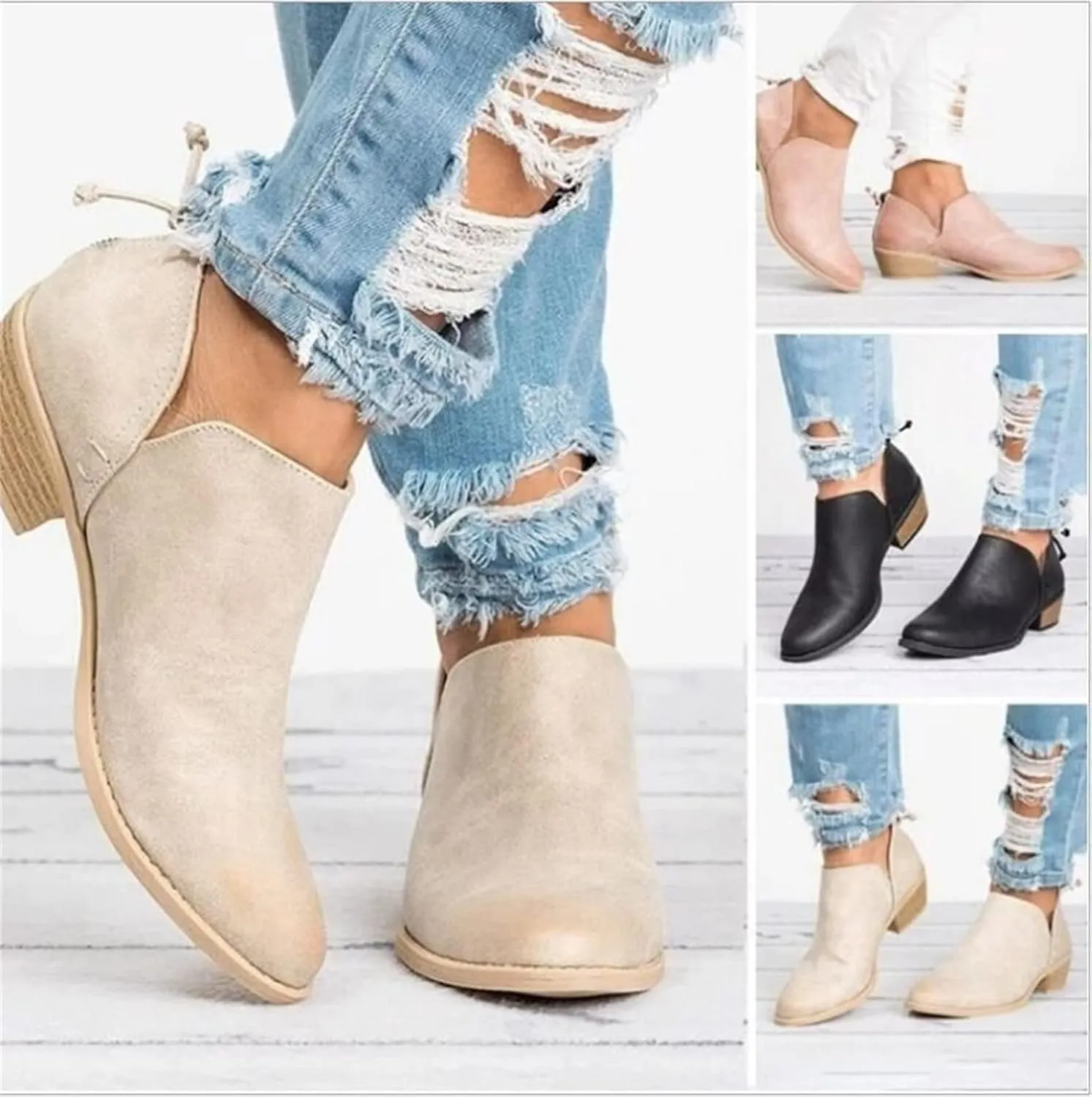 Lausiuoe Boots For Women Ankle Booties Sexy Low Heels Chunky Block Cutout Booties Casual Dressy Slip on Western Shoes