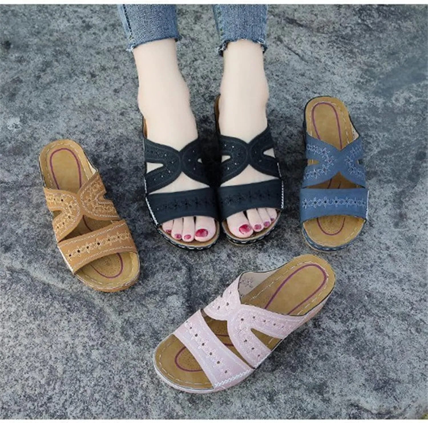 Lausiuoe Sandals Women Dressy Summer Flat Arch Support Orthopedic Slippers Wedge Heel Slip On Orthotic Slides Flip Flops