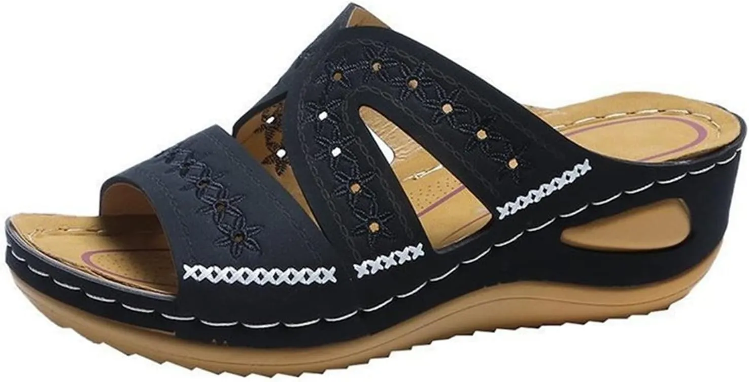 Lausiuoe Sandals Women Dressy Summer Flat Arch Support Orthopedic Slippers Wedge Heel Slip On Orthotic Slides Flip Flops