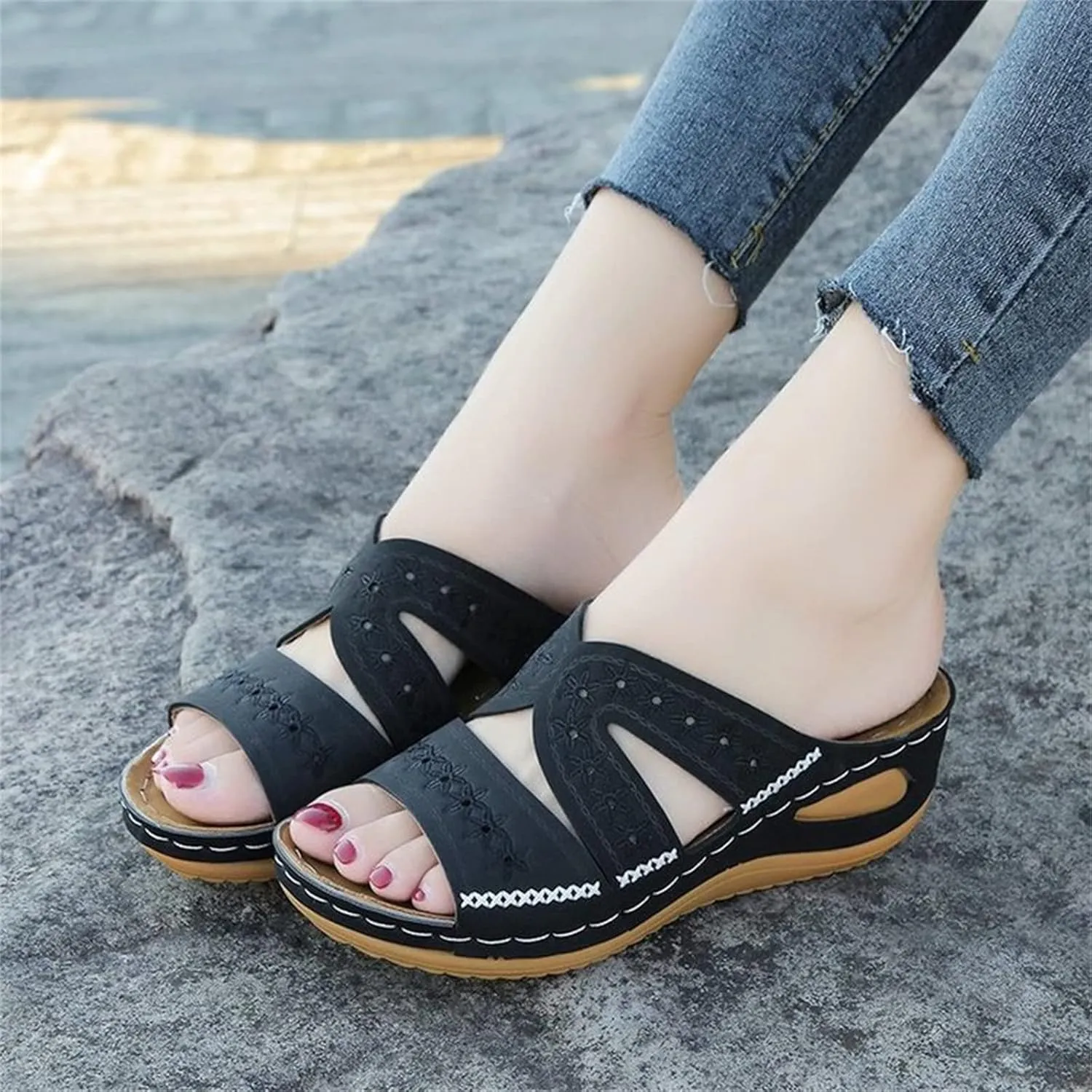 Lausiuoe Sandals Women Dressy Summer Flat Arch Support Orthopedic Slippers Wedge Heel Slip On Orthotic Slides Flip Flops