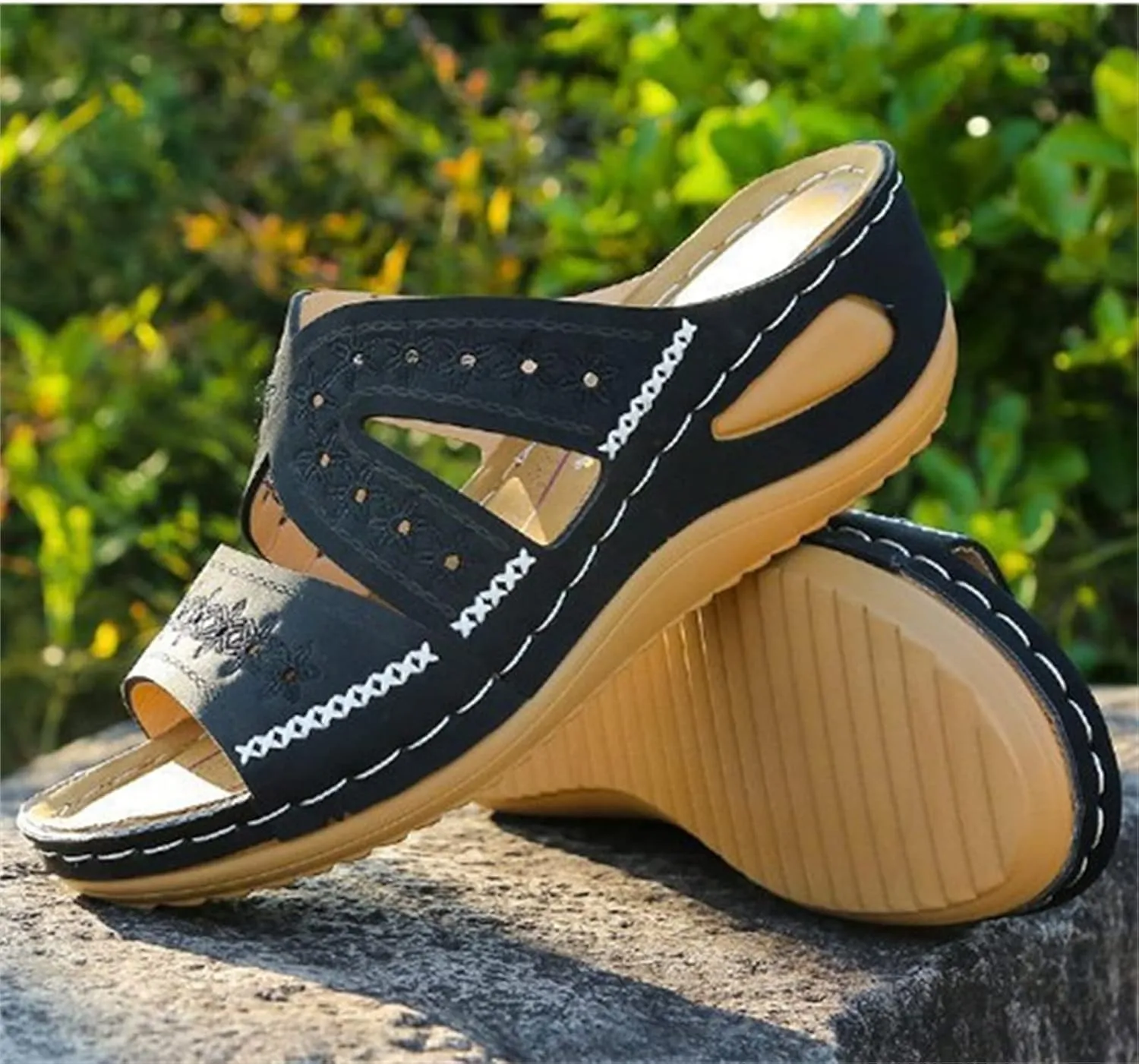 Lausiuoe Sandals Women Dressy Summer Flat Arch Support Orthopedic Slippers Wedge Heel Slip On Orthotic Slides Flip Flops