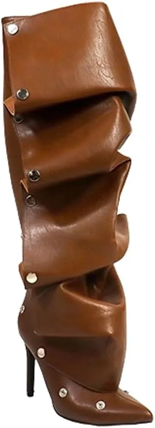 Liliana Women's Pointed Toe Stiletto High Heels Pleated Button Detachable Fold Over Slouchy Fashion Boots (RUNS SMALL)