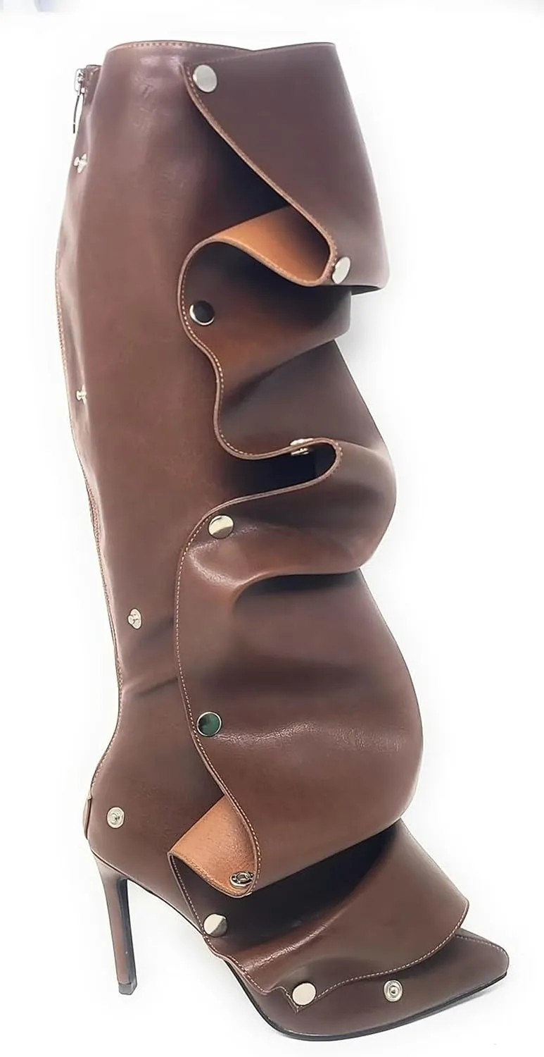 Liliana Women's Pointed Toe Stiletto High Heels Pleated Button Detachable Fold Over Slouchy Fashion Boots (RUNS SMALL)
