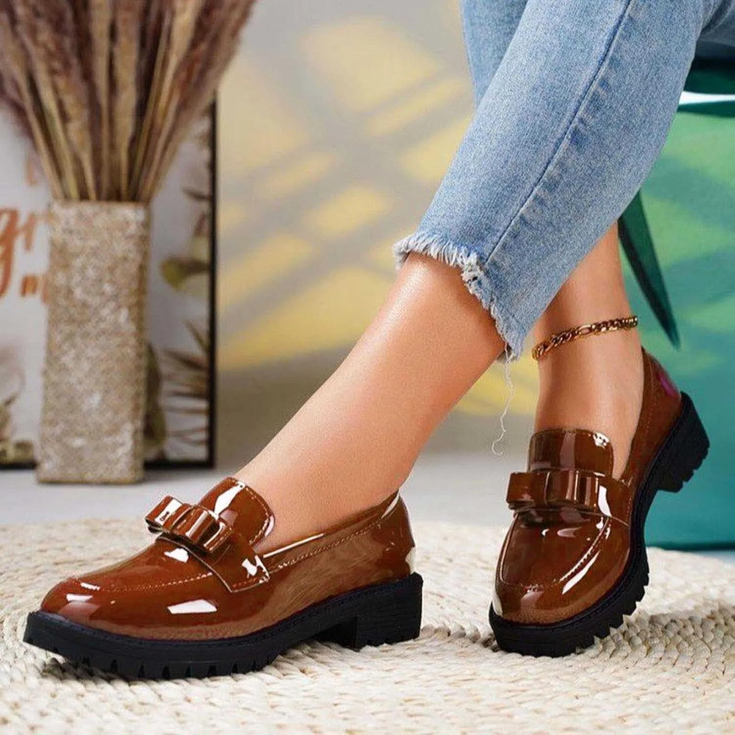 Loafers for Women Patent Platform Chunky Loafers Lug Sole Slip On Business Casual Shoes with Bow for Dressy and Work