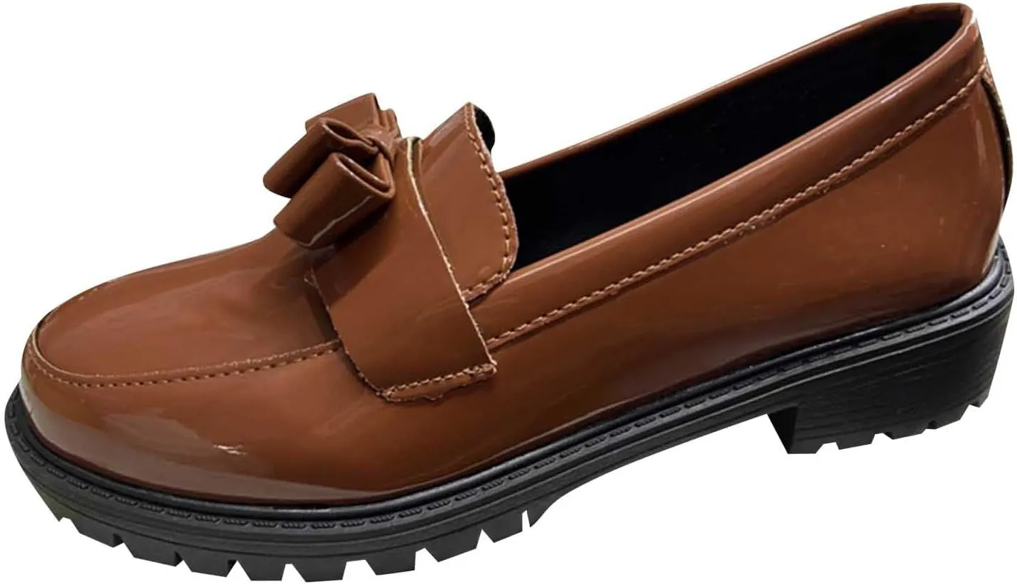 Loafers for Women Patent Platform Chunky Loafers Lug Sole Slip On Business Casual Shoes with Bow for Dressy and Work