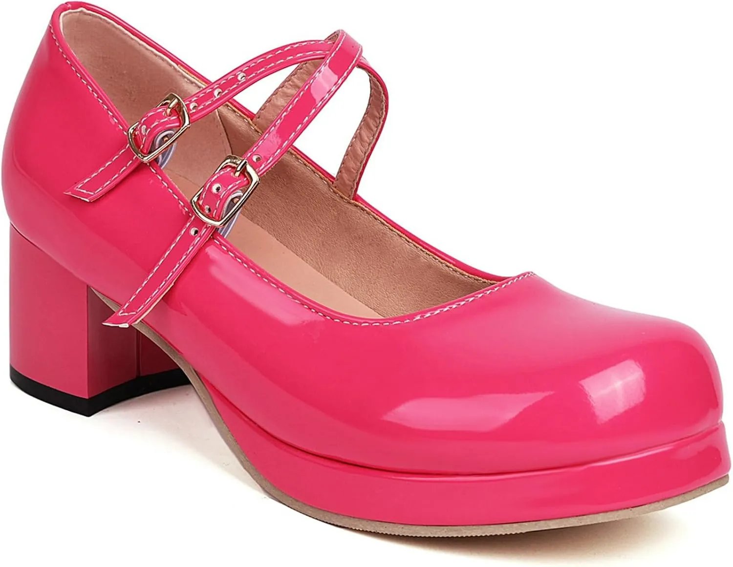 LUXMAX Women Patent Leather Mary Janes Block Heel Platform Pumps Ankle Strap Buckle Chunky Heel Pumps Closed Square Toe Dress Shoes