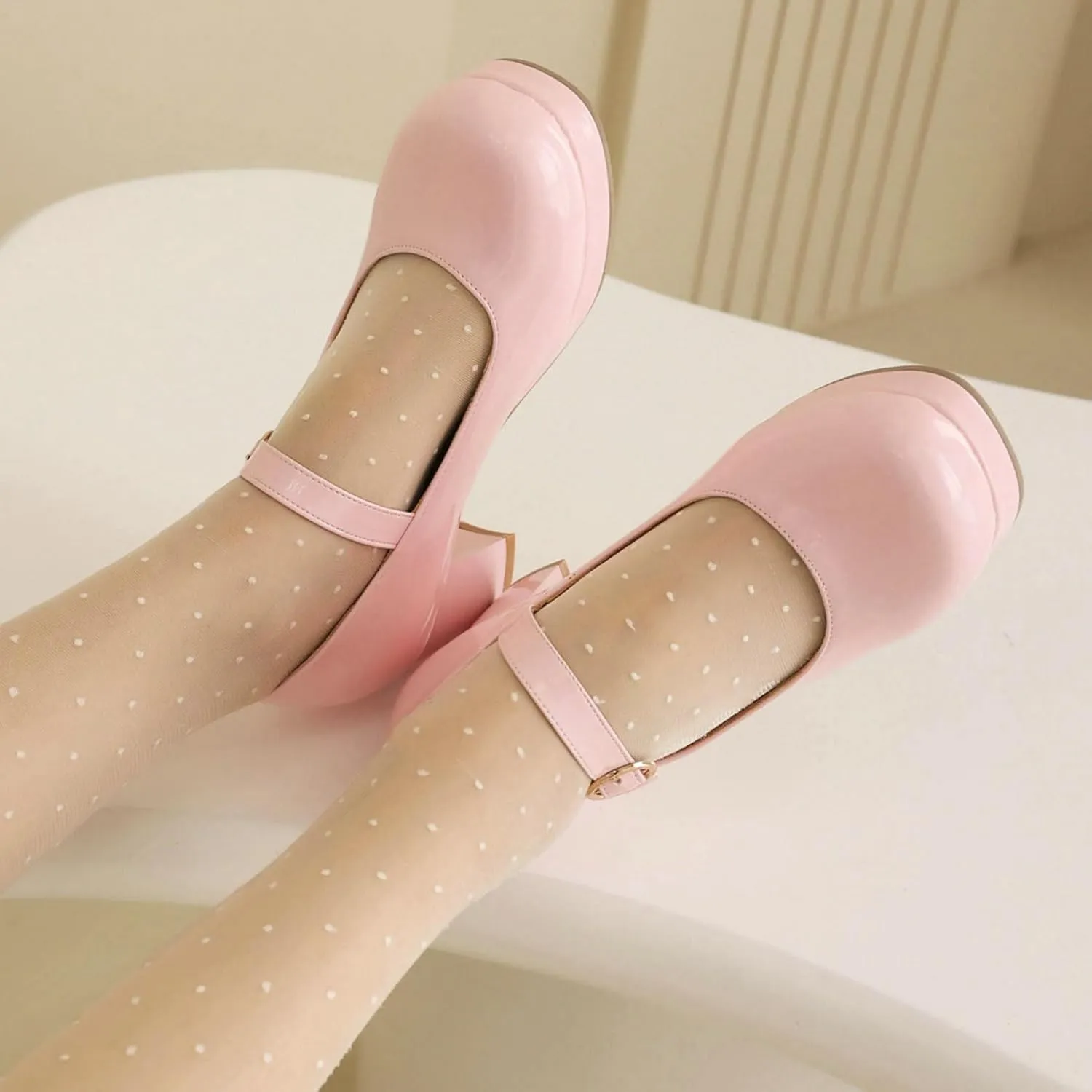LUXMAX Women Patent Leather Mary Janes Block Heel Platform Pumps Ankle Strap Buckle Chunky Heel Pumps Closed Square Toe Dress Shoes