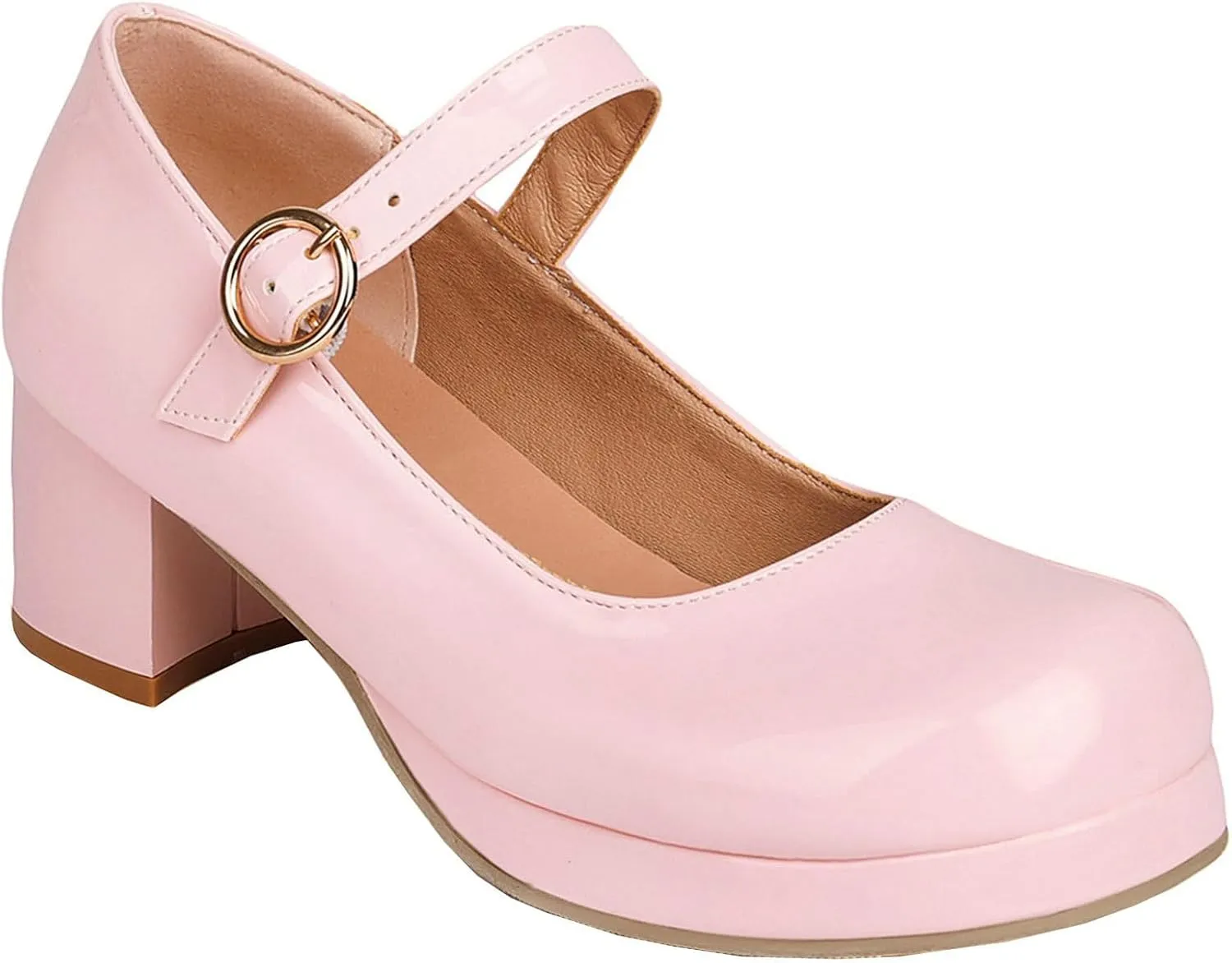 LUXMAX Women Patent Leather Mary Janes Block Heel Platform Pumps Ankle Strap Buckle Chunky Heel Pumps Closed Square Toe Dress Shoes