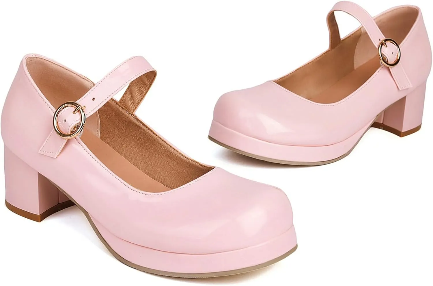 LUXMAX Women Patent Leather Mary Janes Block Heel Platform Pumps Ankle Strap Buckle Chunky Heel Pumps Closed Square Toe Dress Shoes