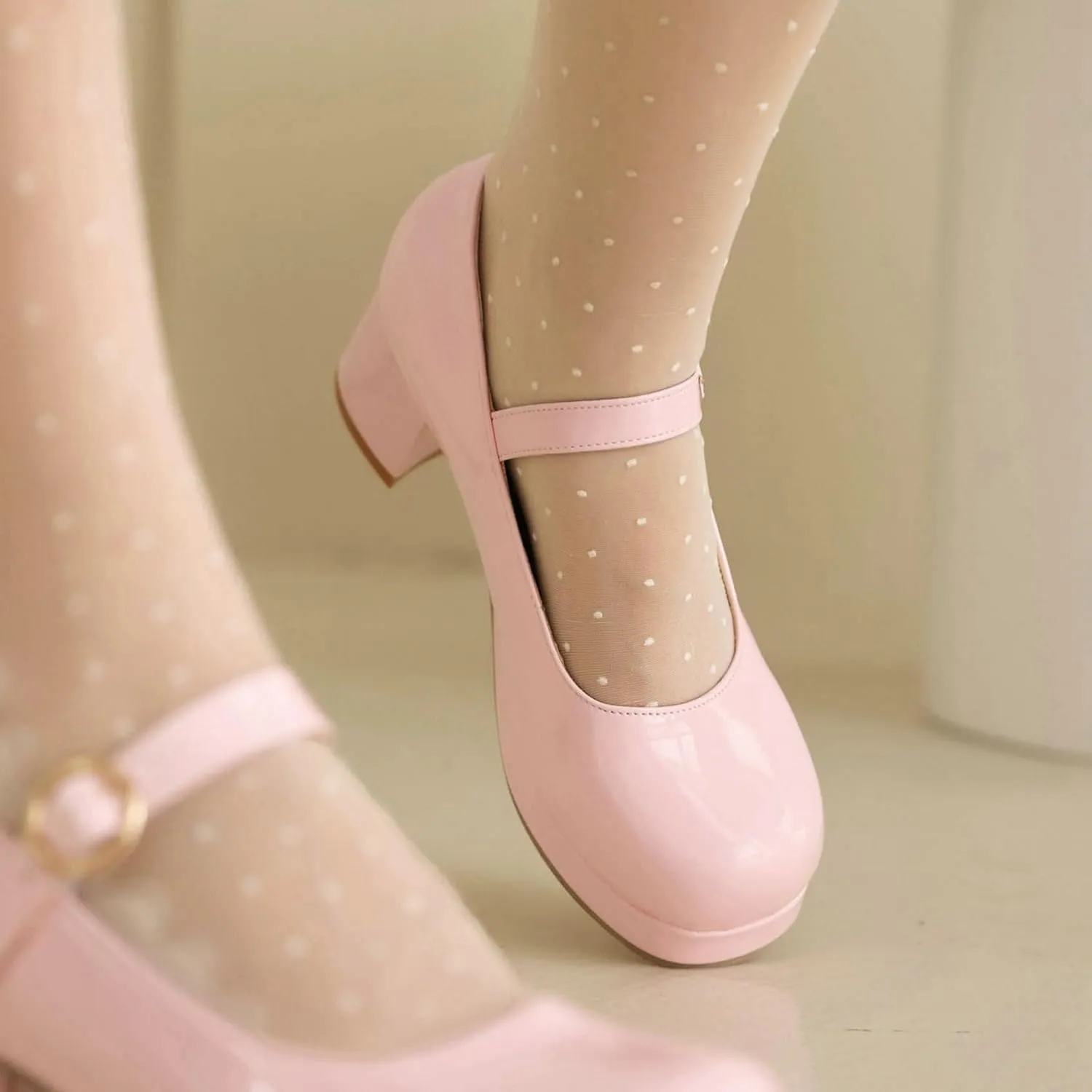 LUXMAX Women Patent Leather Mary Janes Block Heel Platform Pumps Ankle Strap Buckle Chunky Heel Pumps Closed Square Toe Dress Shoes
