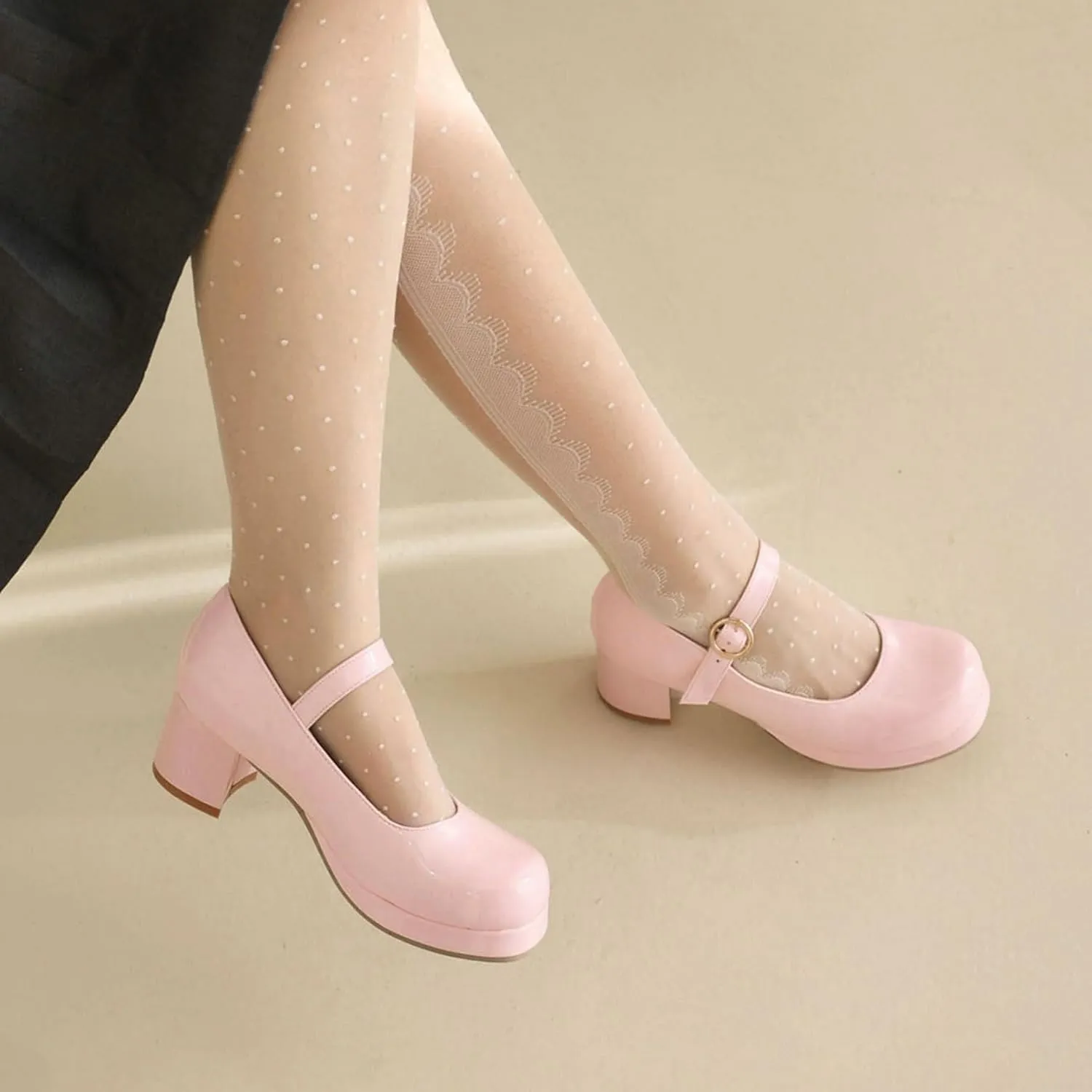 LUXMAX Women Patent Leather Mary Janes Block Heel Platform Pumps Ankle Strap Buckle Chunky Heel Pumps Closed Square Toe Dress Shoes
