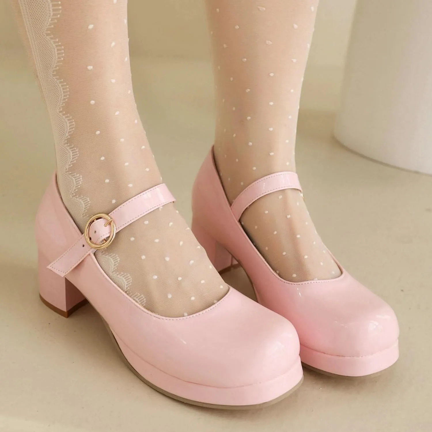 LUXMAX Women Patent Leather Mary Janes Block Heel Platform Pumps Ankle Strap Buckle Chunky Heel Pumps Closed Square Toe Dress Shoes