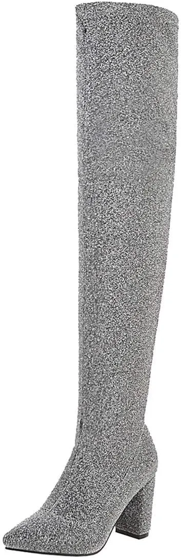 MAVMAX Women's Stretch Thigh High Pointy Toe Block Over The Knee Boots