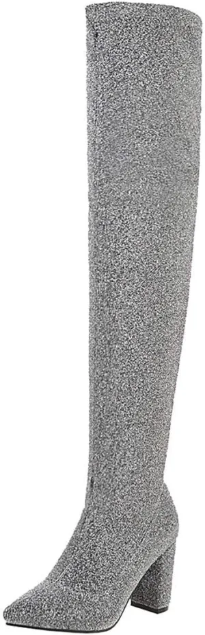 MAVMAX Women's Stretch Thigh High Pointy Toe Block Over The Knee Boots
