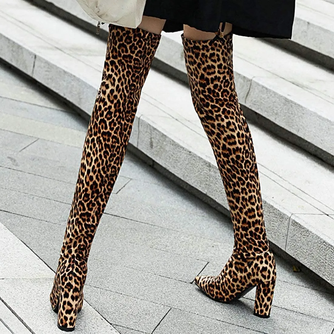 MAVMAX Women's Stretch Thigh High Pointy Toe Block Over The Knee Boots