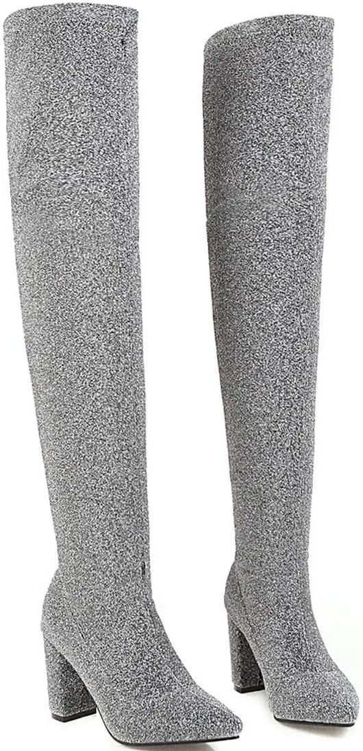 MAVMAX Women's Stretch Thigh High Pointy Toe Block Over The Knee Boots