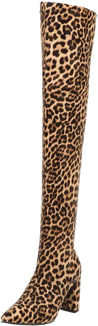 MAVMAX Women's Stretch Thigh High Pointy Toe Block Over The Knee Boots