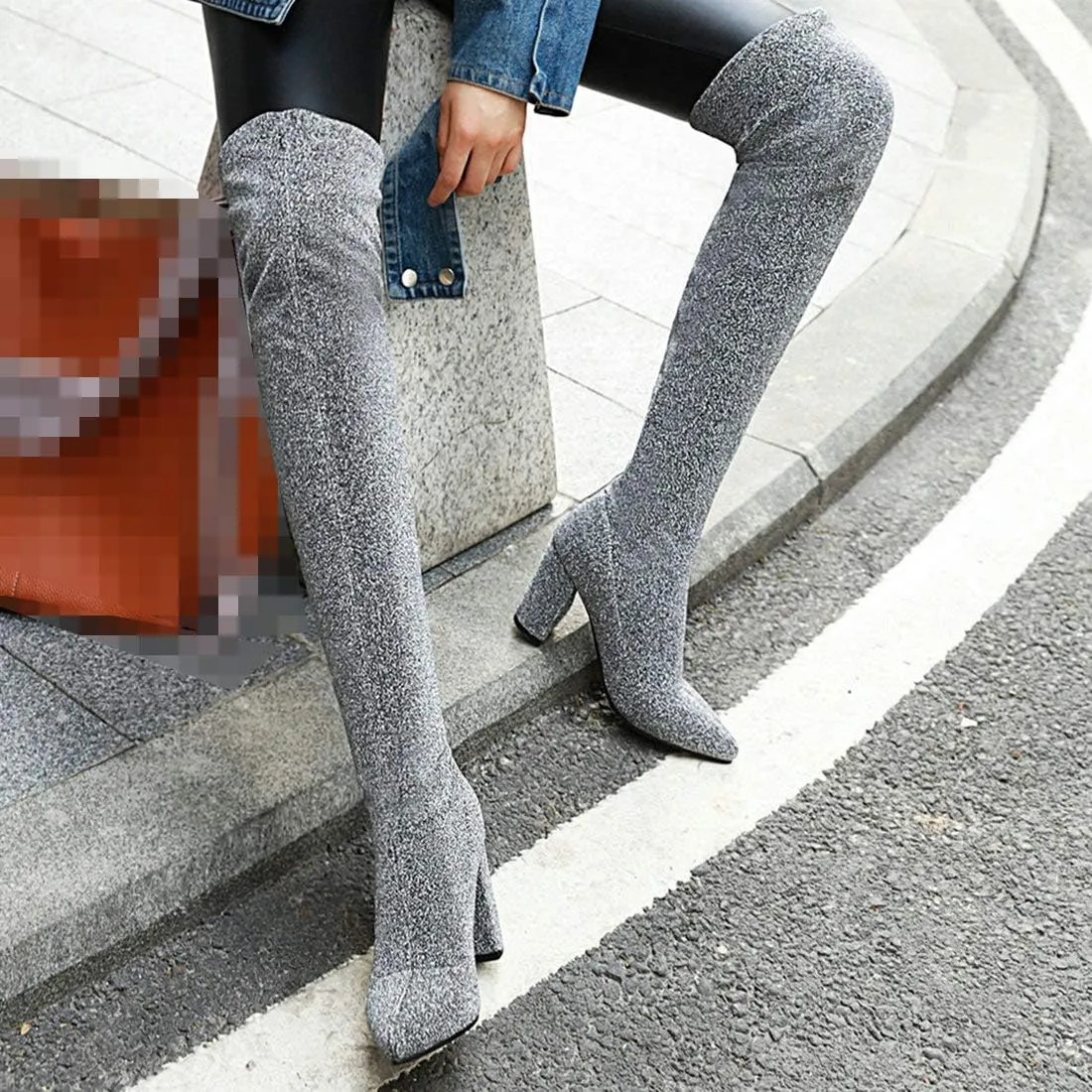 MAVMAX Women's Stretch Thigh High Pointy Toe Block Over The Knee Boots