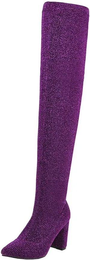 MAVMAX Women's Stretch Thigh High Pointy Toe Block Over The Knee Boots