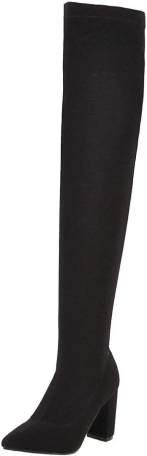 MAVMAX Women's Stretch Thigh High Pointy Toe Block Over The Knee Boots