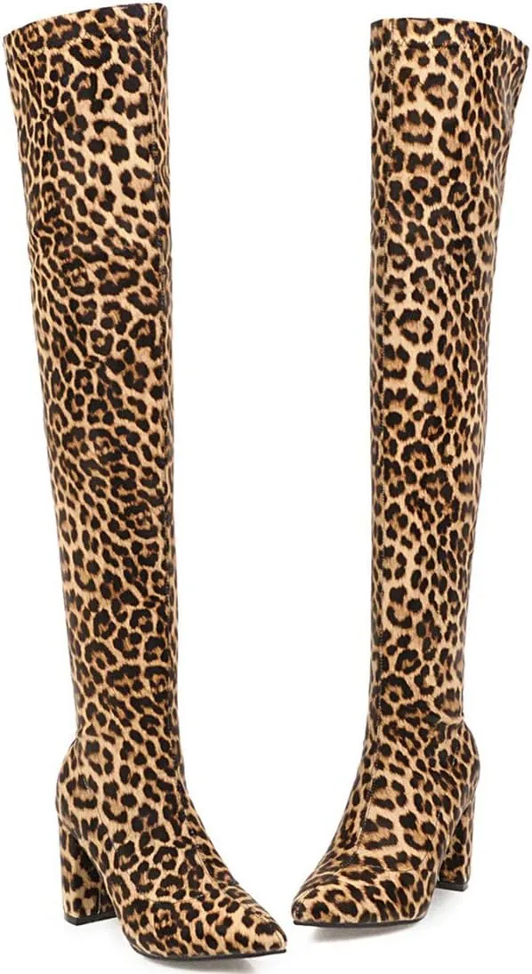 MAVMAX Women's Stretch Thigh High Pointy Toe Block Over The Knee Boots