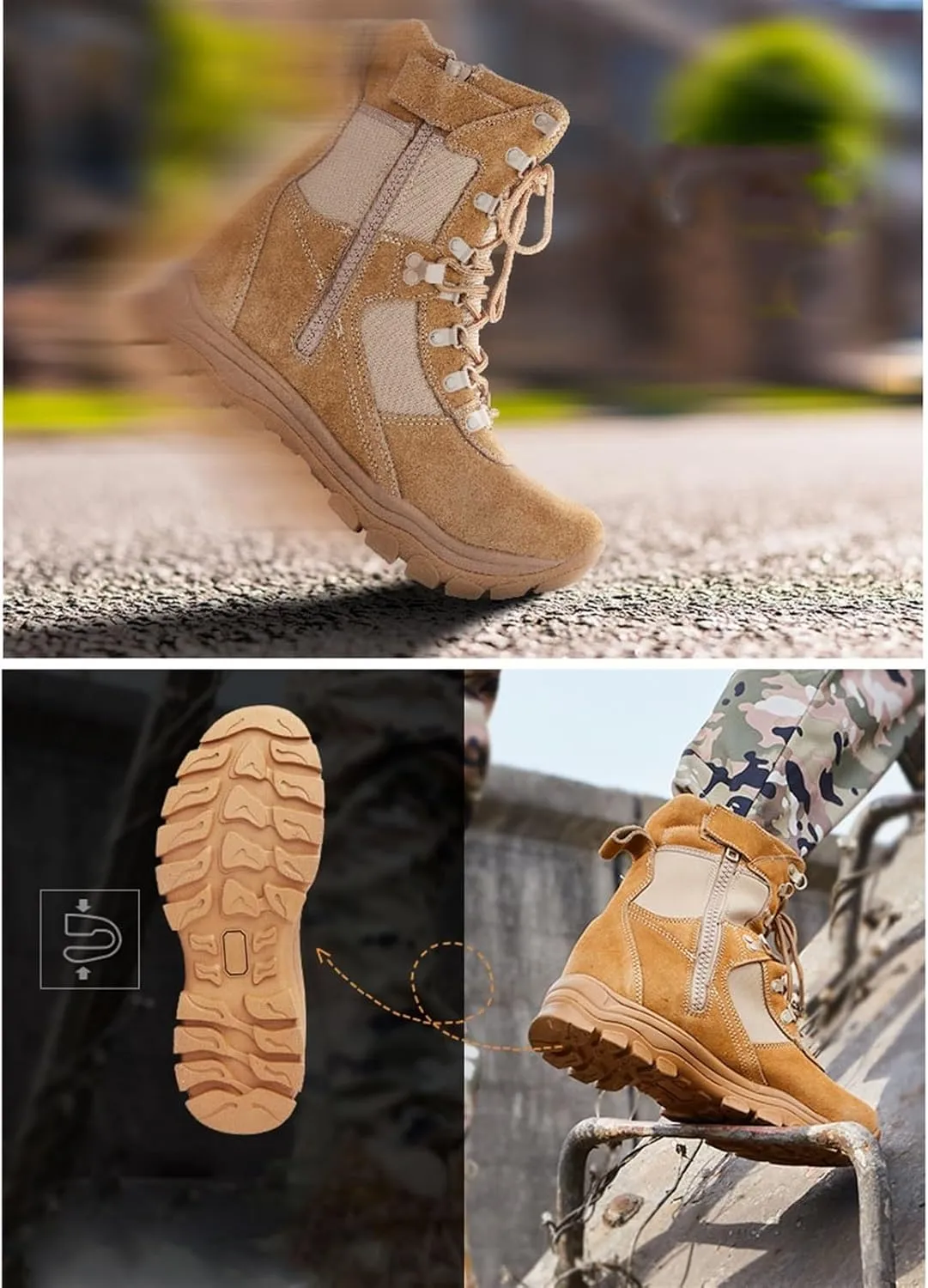 Men Lightweight Breathable Casual Tactical Boots, Men's High Top Side Zipper Non Slip Leather Combat Boots, Outdoor Durable Military Work Boots, for Hiking, Hunting, Working, Walking