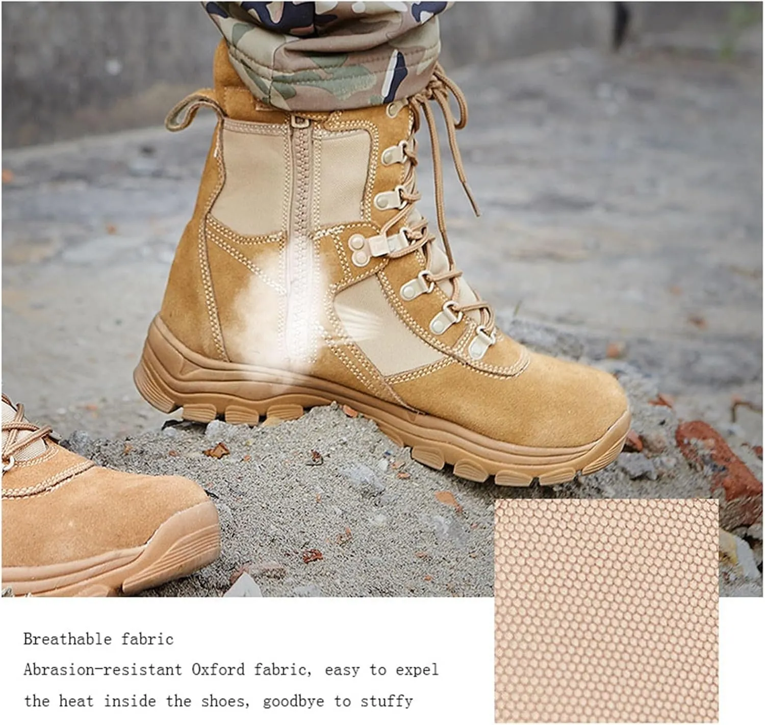 Men Lightweight Breathable Casual Tactical Boots, Men's High Top Side Zipper Non Slip Leather Combat Boots, Outdoor Durable Military Work Boots, for Hiking, Hunting, Working, Walking