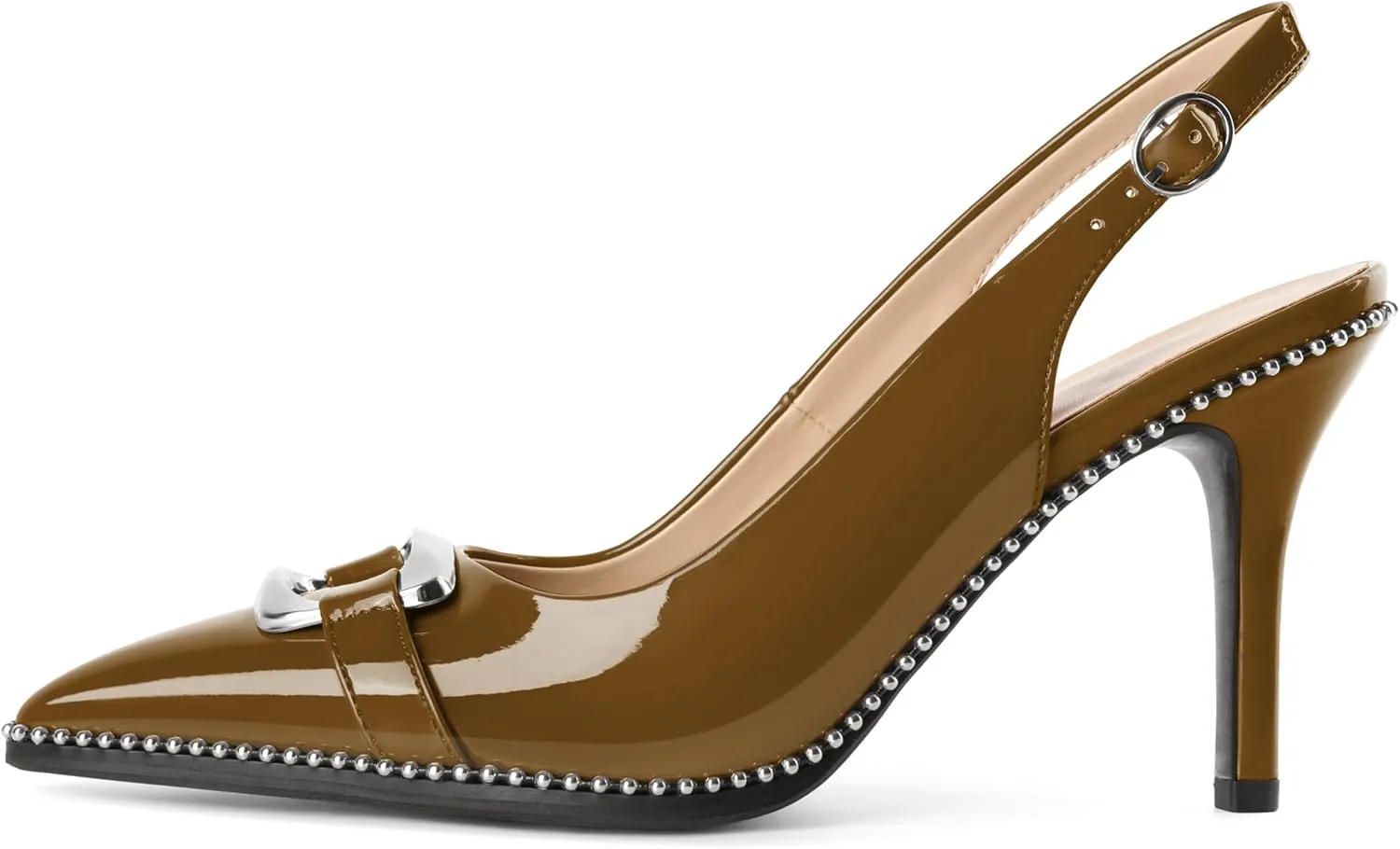 Mettesally Women Slingback Heels Pointed Toe High Heels Stiletto Pumps Metallic Buckle Beaded Pumps Dress Shoes 3.5 Inch