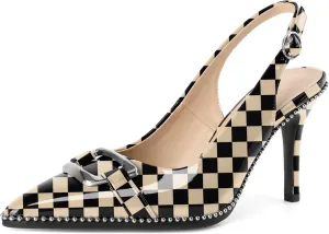 Mettesally Women Slingback Heels Pointed Toe High Heels Stiletto Pumps Metallic Buckle Beaded Pumps Dress Shoes 3.5 Inch