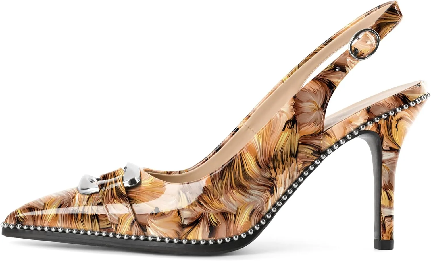 Mettesally Women Slingback Heels Pointed Toe High Heels Stiletto Pumps Metallic Buckle Beaded Pumps Dress Shoes 3.5 Inch