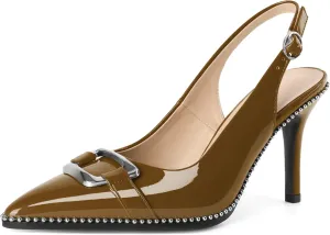 Mettesally Women Slingback Heels Pointed Toe High Heels Stiletto Pumps Metallic Buckle Beaded Pumps Dress Shoes 3.5 Inch
