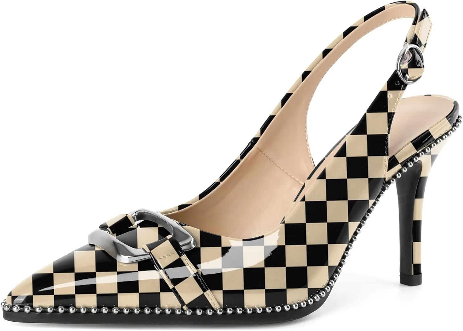 Mettesally Women Slingback Heels Pointed Toe High Heels Stiletto Pumps Metallic Buckle Beaded Pumps Dress Shoes 3.5 Inch
