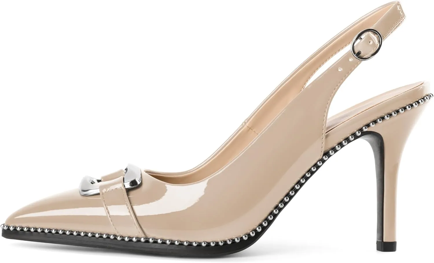 Mettesally Women Slingback Heels Pointed Toe High Heels Stiletto Pumps Metallic Buckle Beaded Pumps Dress Shoes 3.5 Inch