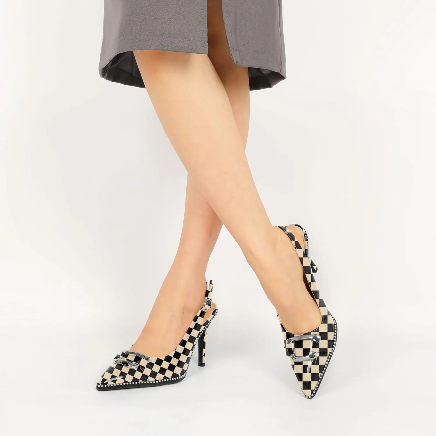 Mettesally Women Slingback Heels Pointed Toe High Heels Stiletto Pumps Metallic Buckle Beaded Pumps Dress Shoes 3.5 Inch